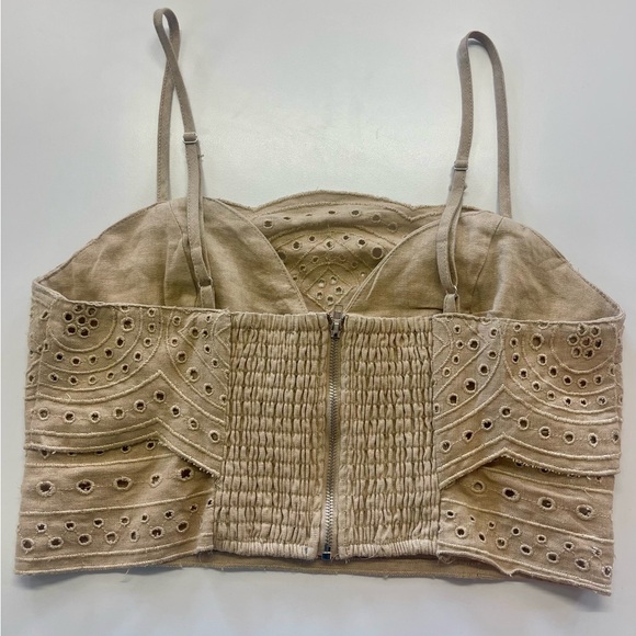 NWT Jason Tan Linen Blend Crochet Eyelet Boho Bohemian Vacation Crop Top Blouse - Picture 2 of 8